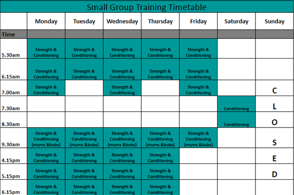 Elevate One fitness timetable